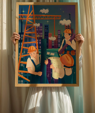 Illustrated construction workers on a high-rise building site