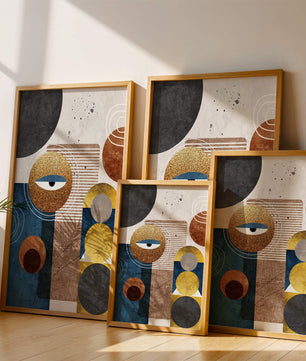 Obra de arte geométrica abstracta con elementos dorados y azules