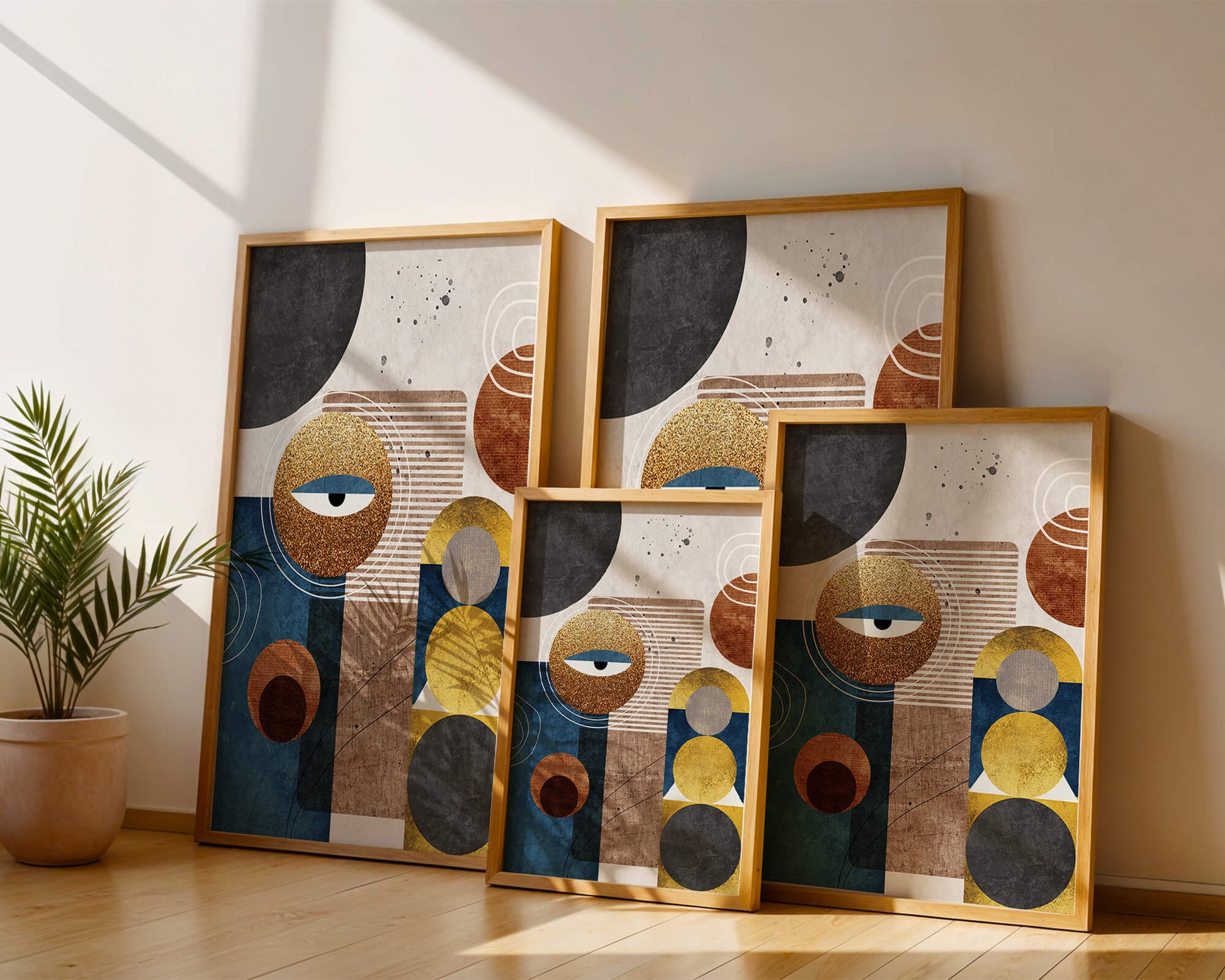 Abstract geometric artwork with gold and blue elements