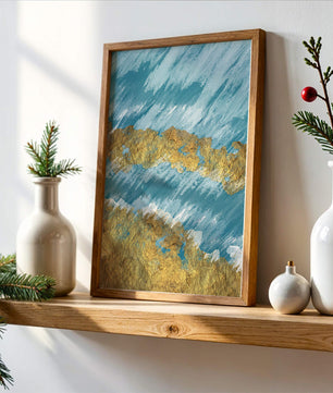 Pintura abstracta con textura dorada y fondo azul