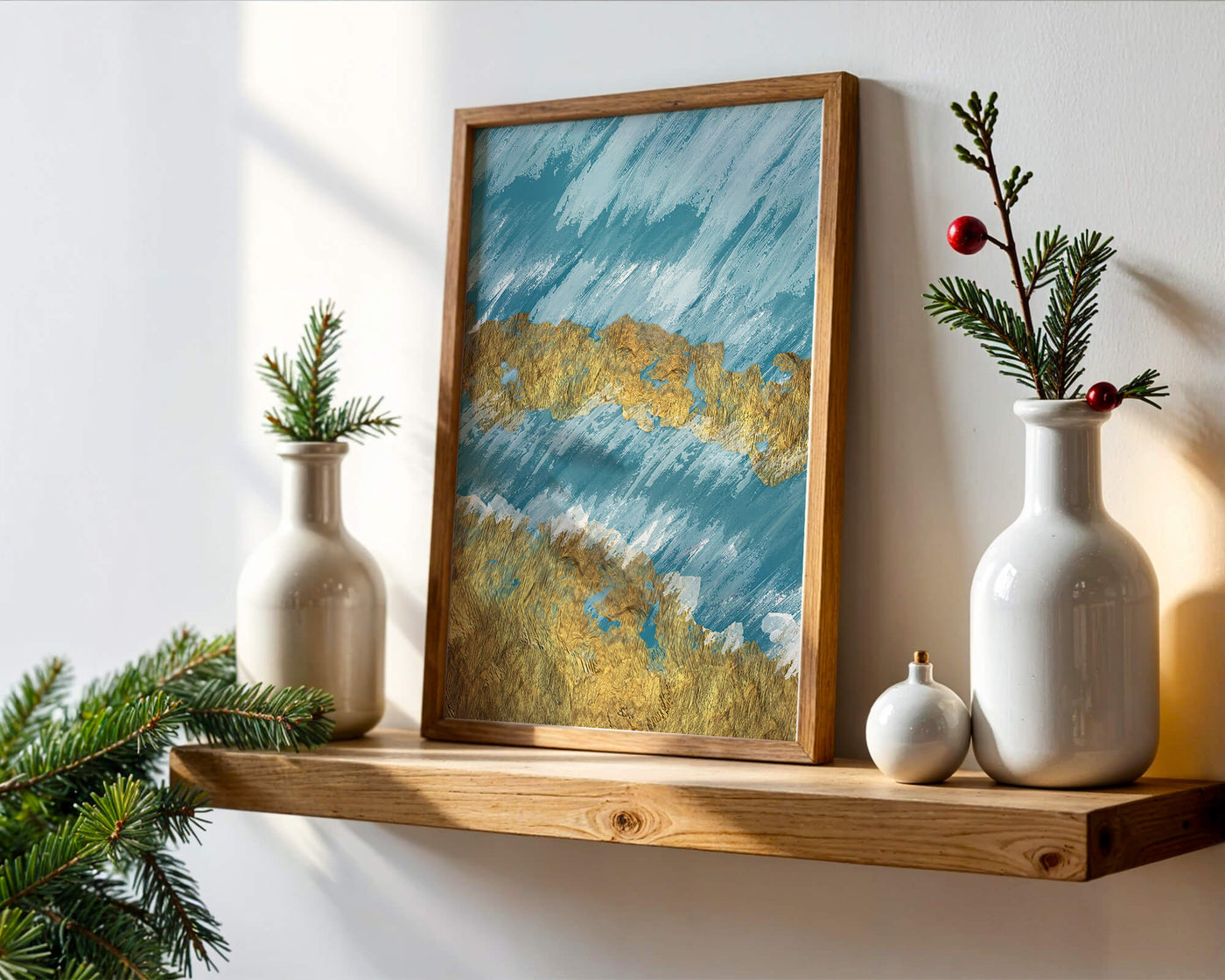 Abstract painting with gold texture and blue background