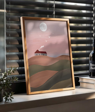 House On Pink Hill Under Full Moon