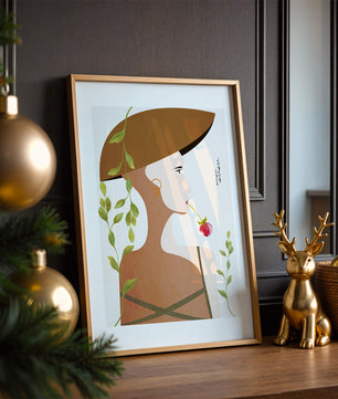 Elegant Abstract Portrait of a Woman with Floral Elements and a Large Hat - Mi tienda