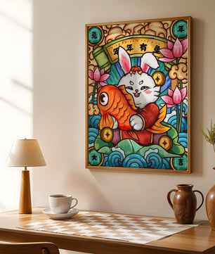 Festive rabbit holding golden fish with lotus flowers and waves in a traditional design