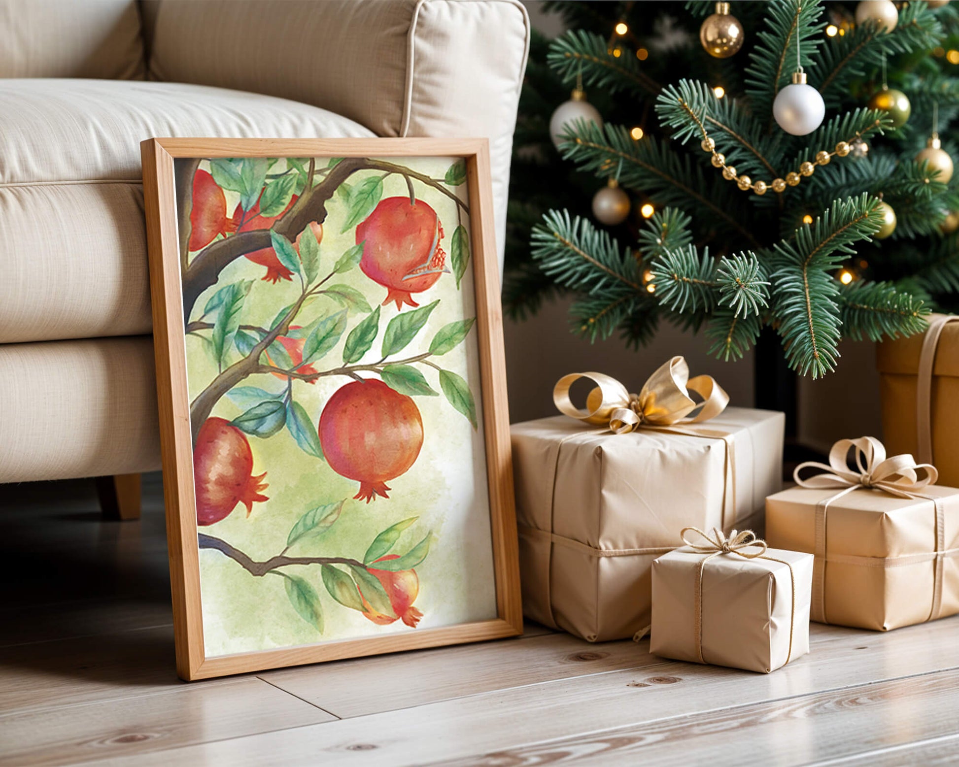 Watercolor Pomegranate Tree Branch with Fruits and Leaves