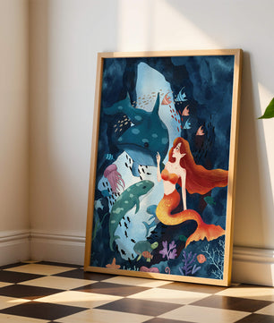 Underwater scene with a mermaid interacting with sea creatures in a vibrant ocean cave