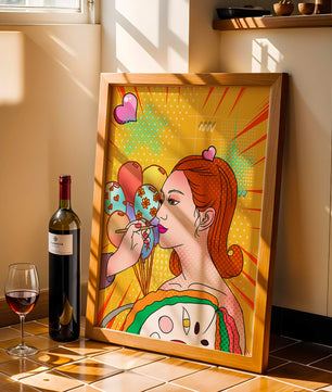 Retrato de mujer en arte pop colorido con globos y patrones vibrantes
