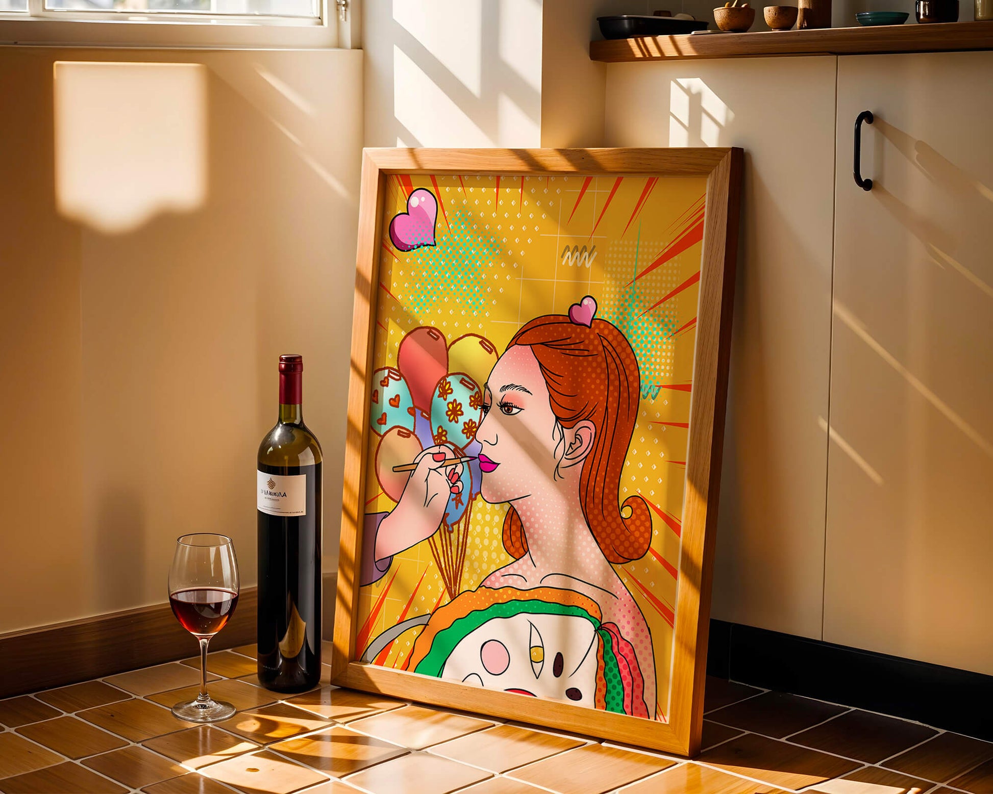 Colorful pop art woman portrait with balloons and vibrant patterns