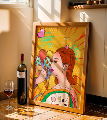 Colorful pop art woman portrait with balloons and vibrant patterns