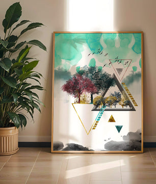 Abstract Geometric Landscape with Vibrant Trees and Birds - Mi tienda
