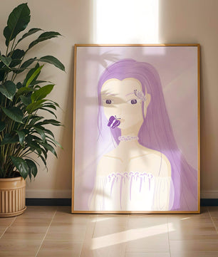 Ilustración de una mujer con cabello morado y mariposas