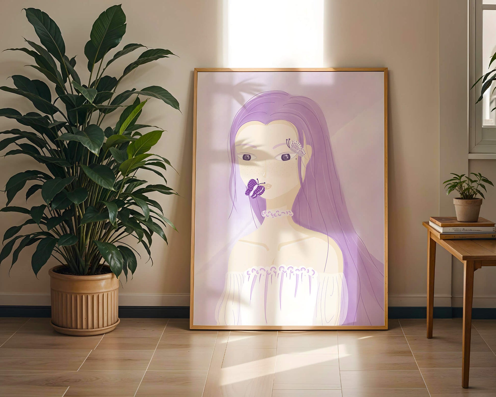 Illustration of a woman with purple hair and butterflies