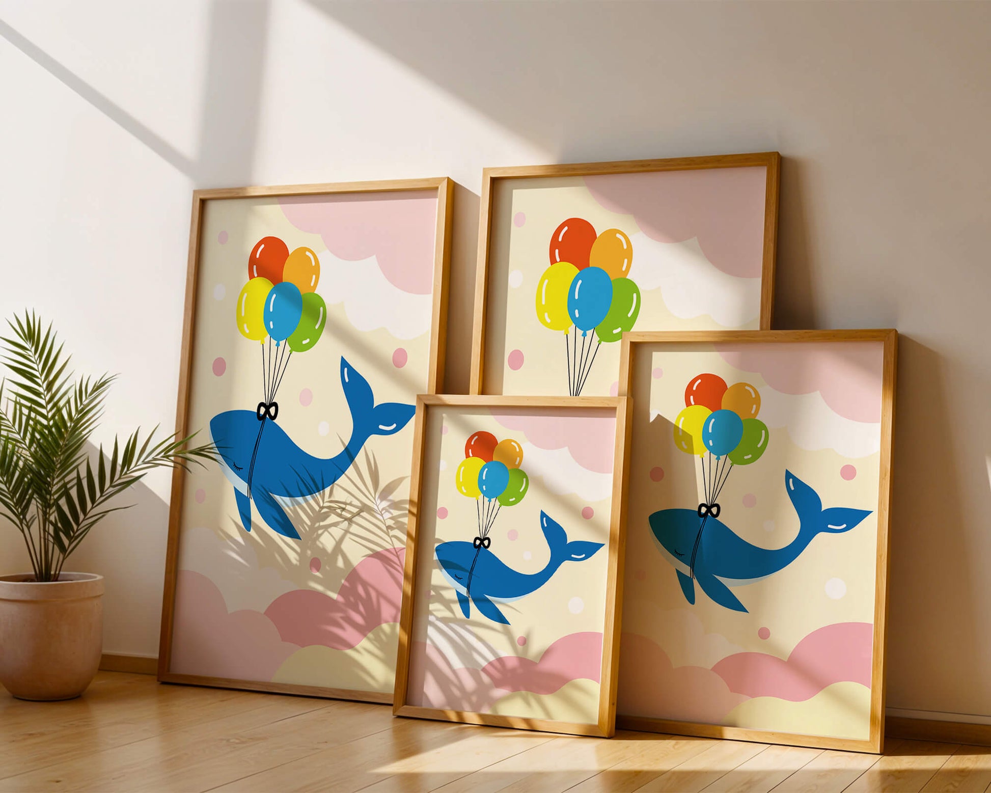 Skurriler Wal, der mit bunten Luftballons fliegt