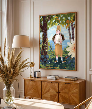 Whimsical Illustration of a Girl in Nature with Golden Hat