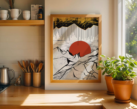 Abstract landscape with bold geometric shapes and golden accents