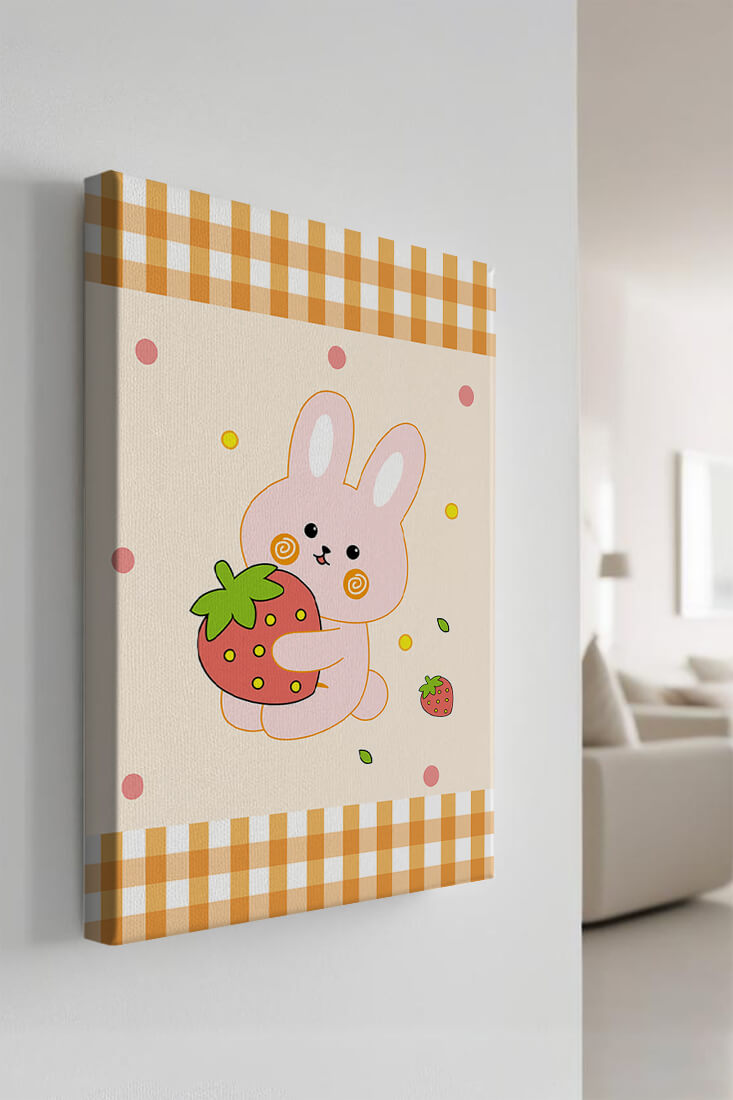 Adorable bunny holding strawberry illustration with gingham pattern