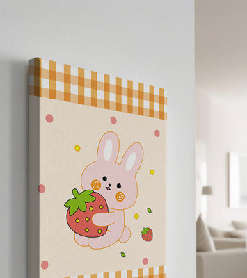 Adorable bunny holding strawberry illustration with gingham pattern