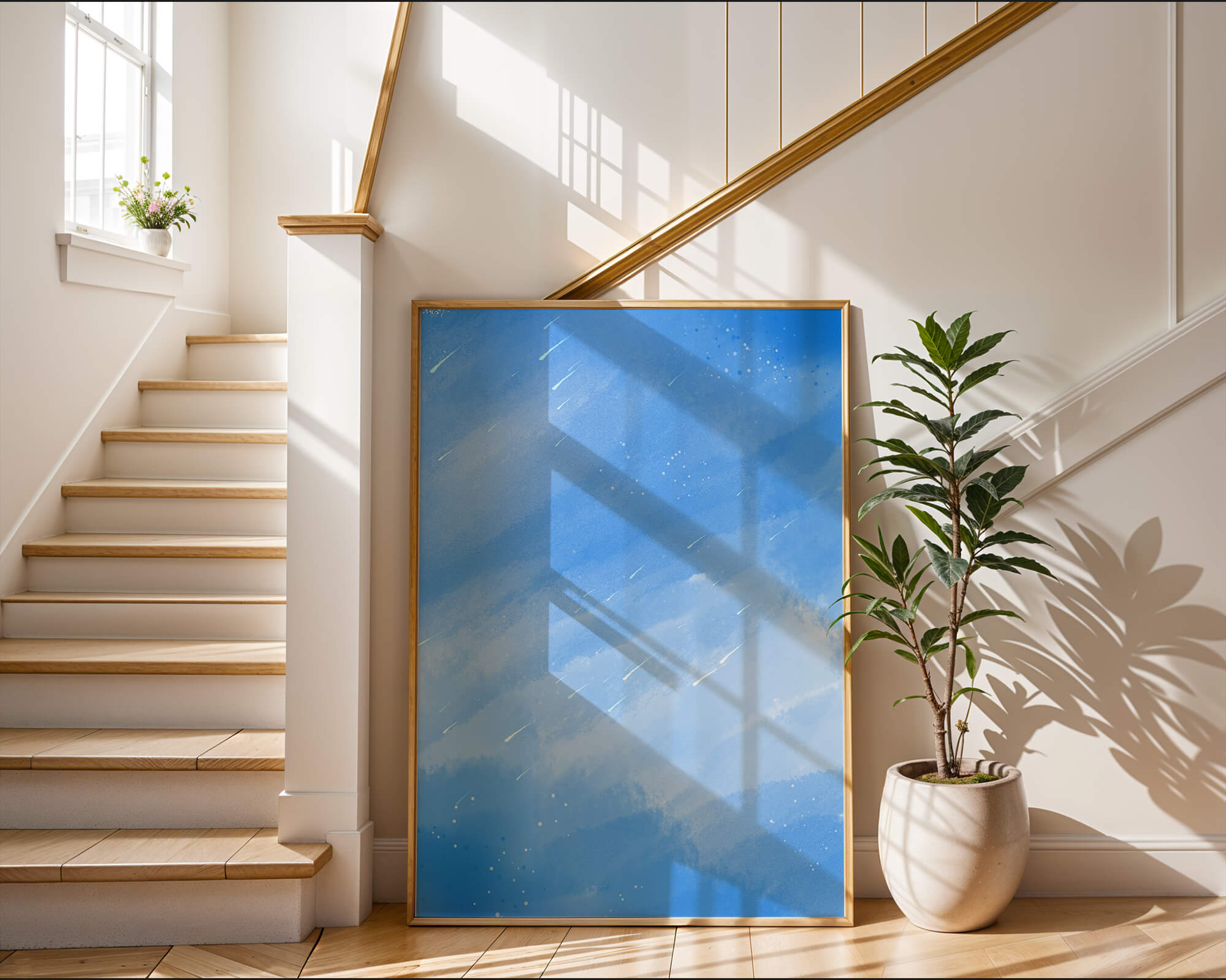 Calm Blue Watercolor Background With Light Streaks And Dots