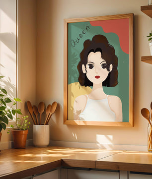 Stylized illustration of a confident woman with abstract background