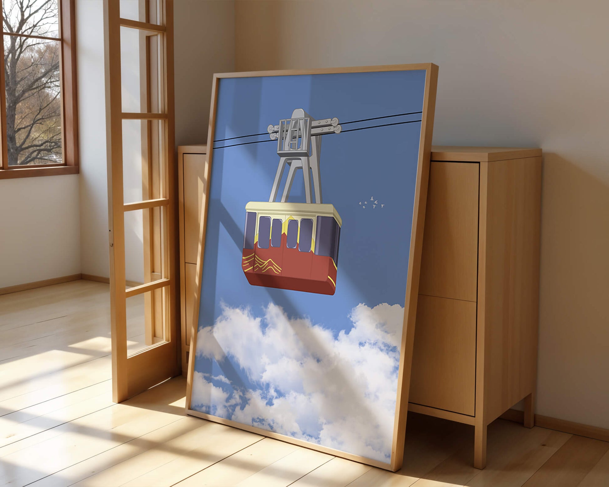Colorful cable car against a clear blue sky