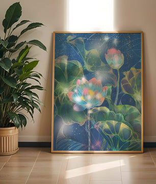 Bunte Lotusblumen mit abstraktem kosmischen Hintergrund