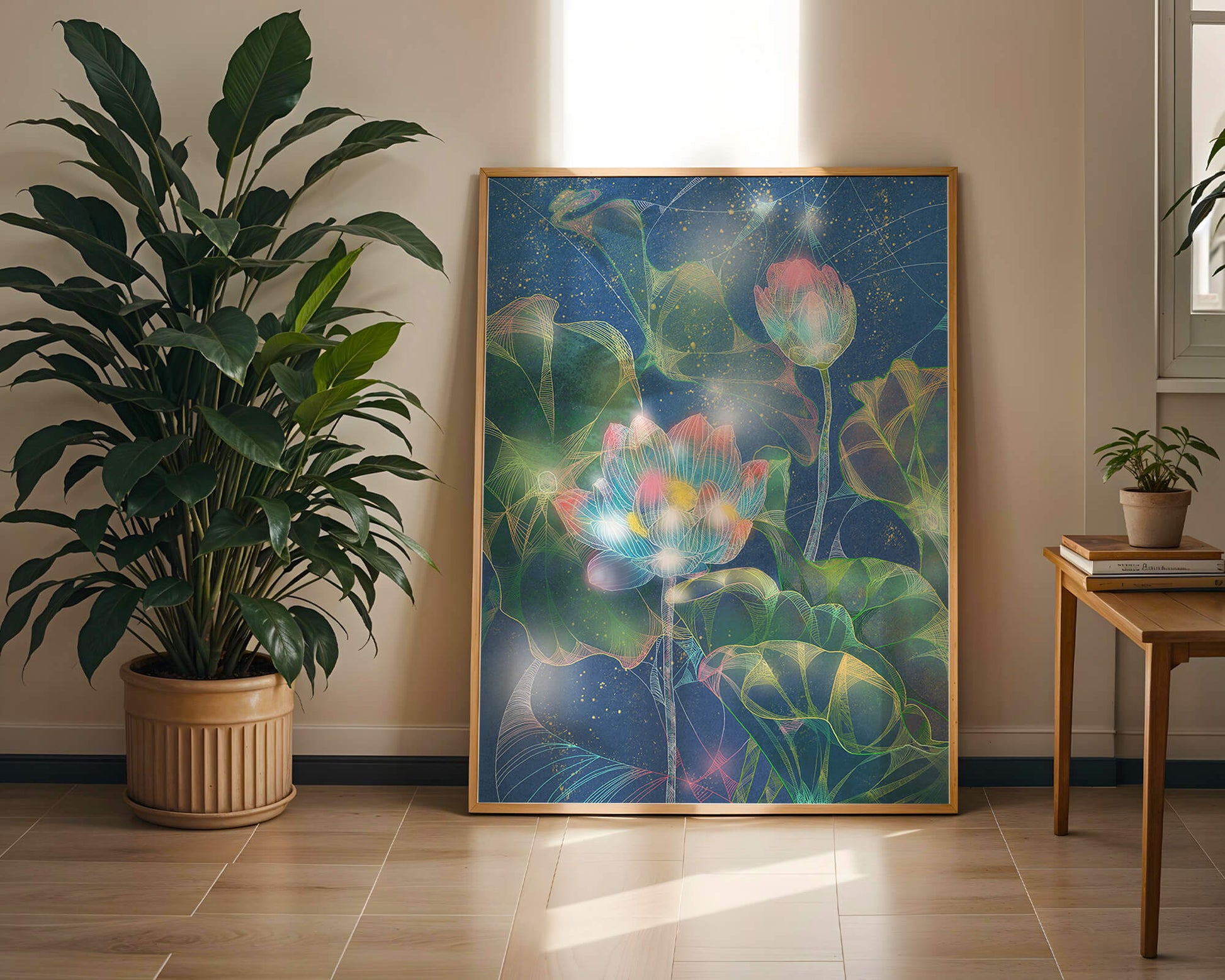 Bunte Lotusblumen mit abstraktem kosmischen Hintergrund