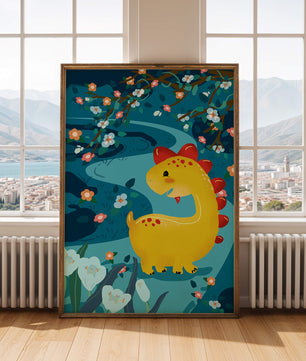Golden Dinosaur in Enchanted Floral Forest
