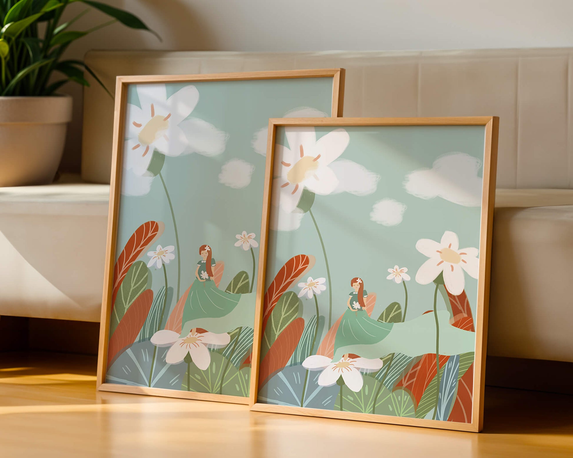 Whimsical garden scene with woman in a floral wonderland