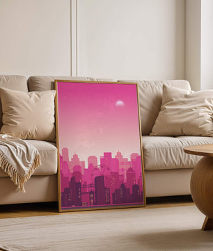 Skyline urbano al anochecer con degradado rosa y noria