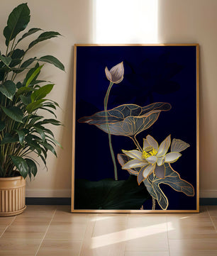 Elegant Lotus Flower with Gold Accents on Deep Blue Background