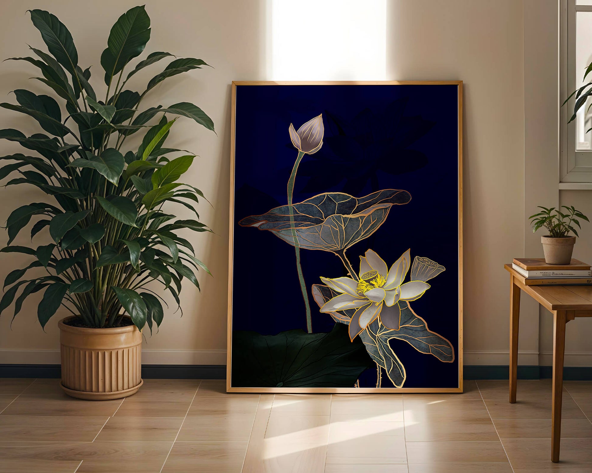 Elegant Lotus Flower with Gold Accents on Deep Blue Background