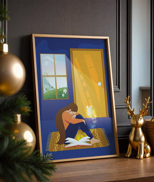 Woman sitting with an open magical book and a fairy in a room