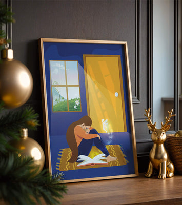Woman sitting with an open magical book and a fairy in a room