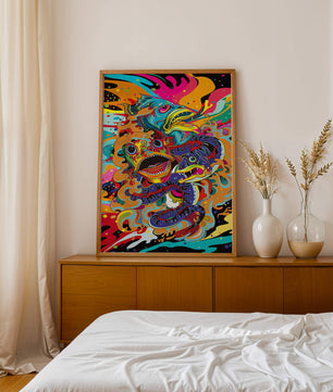 Arte abstracto de peces coloridos con elementos vibrantes