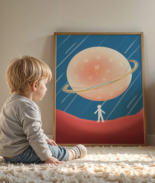 Illustration Of A Large Planet Against A Stardust Background With A Small Figure In The Foreground