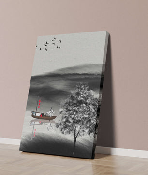 Voyage paisible en bateau dans un paysage serein avec oiseaux et arbre