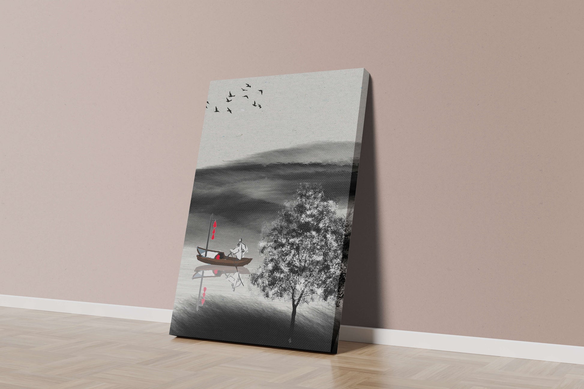 Tranquilo viaje en barco en un paisaje sereno con pájaros y árbol