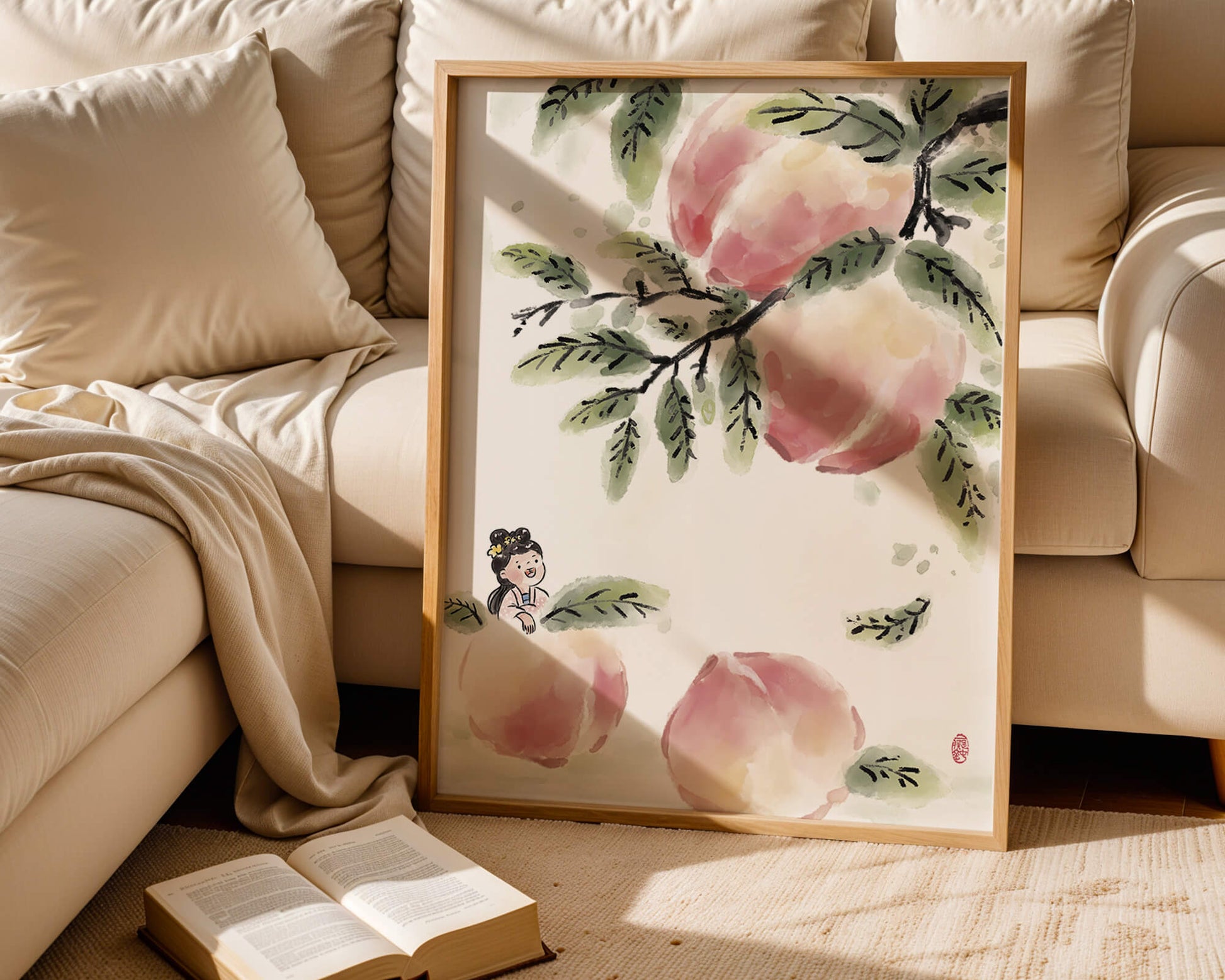 Encantadora ilustración de una chica entre flores de melocotón y hojas verdes