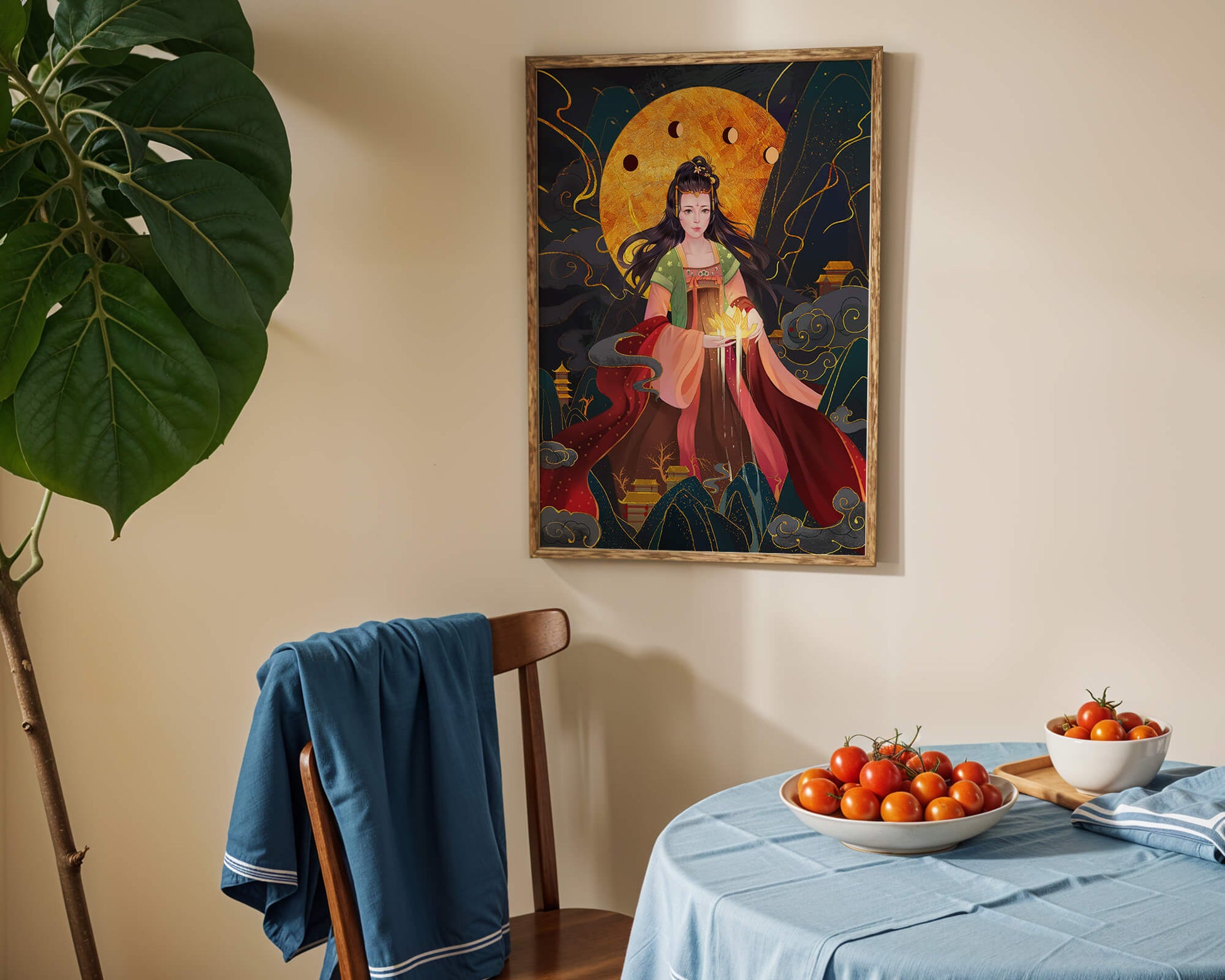 Elegante representación de una figura mítica con un fondo celestial dorado.