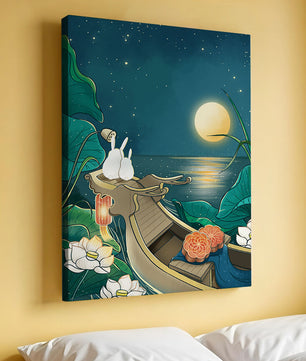 Ilustración serena de conejos contemplando una luna brillante sobre un lago tranquilo