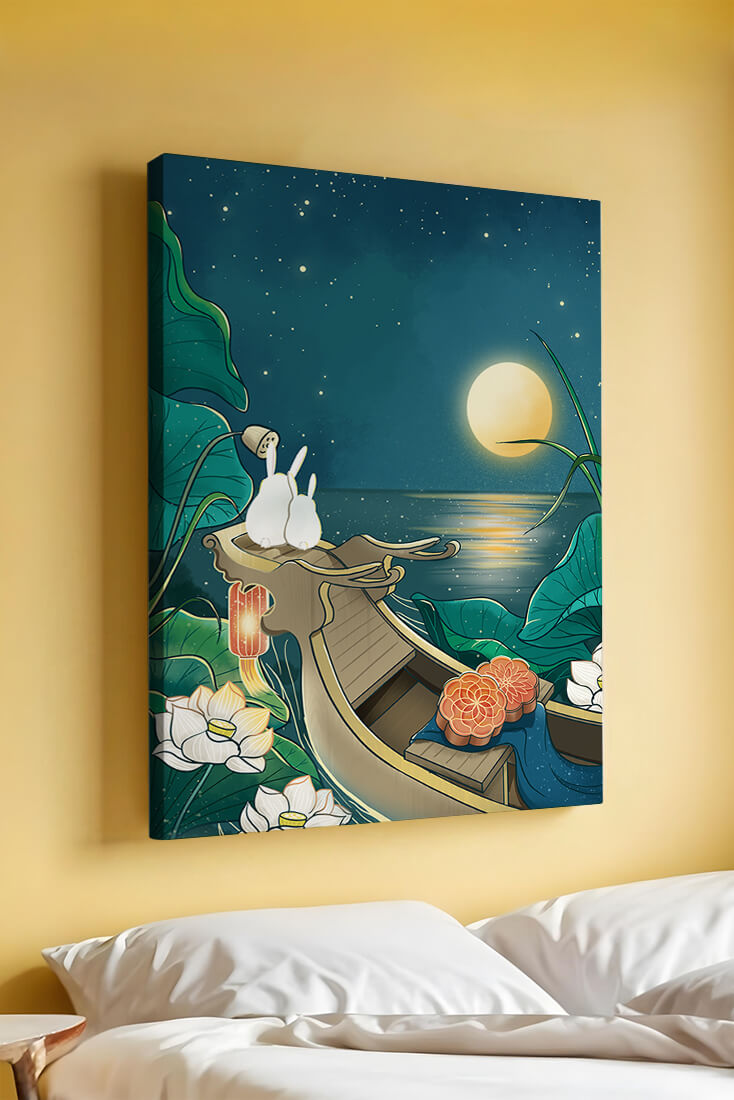 Serene illustration of rabbits gazing at a bright moon on a tranquil lake