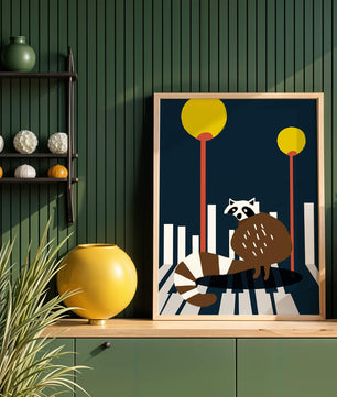 Raccoon Illustration with Urban Street Lamps and Geometric Design