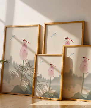 Dragonflies on a Lotus Bud with Serene Landscape