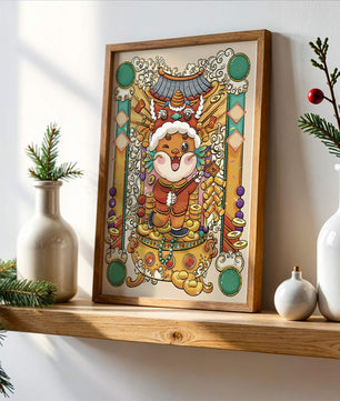 Bunte Illustration eines niedlichen Tieres in traditioneller Festtagskleidung mit goldenen Elementen