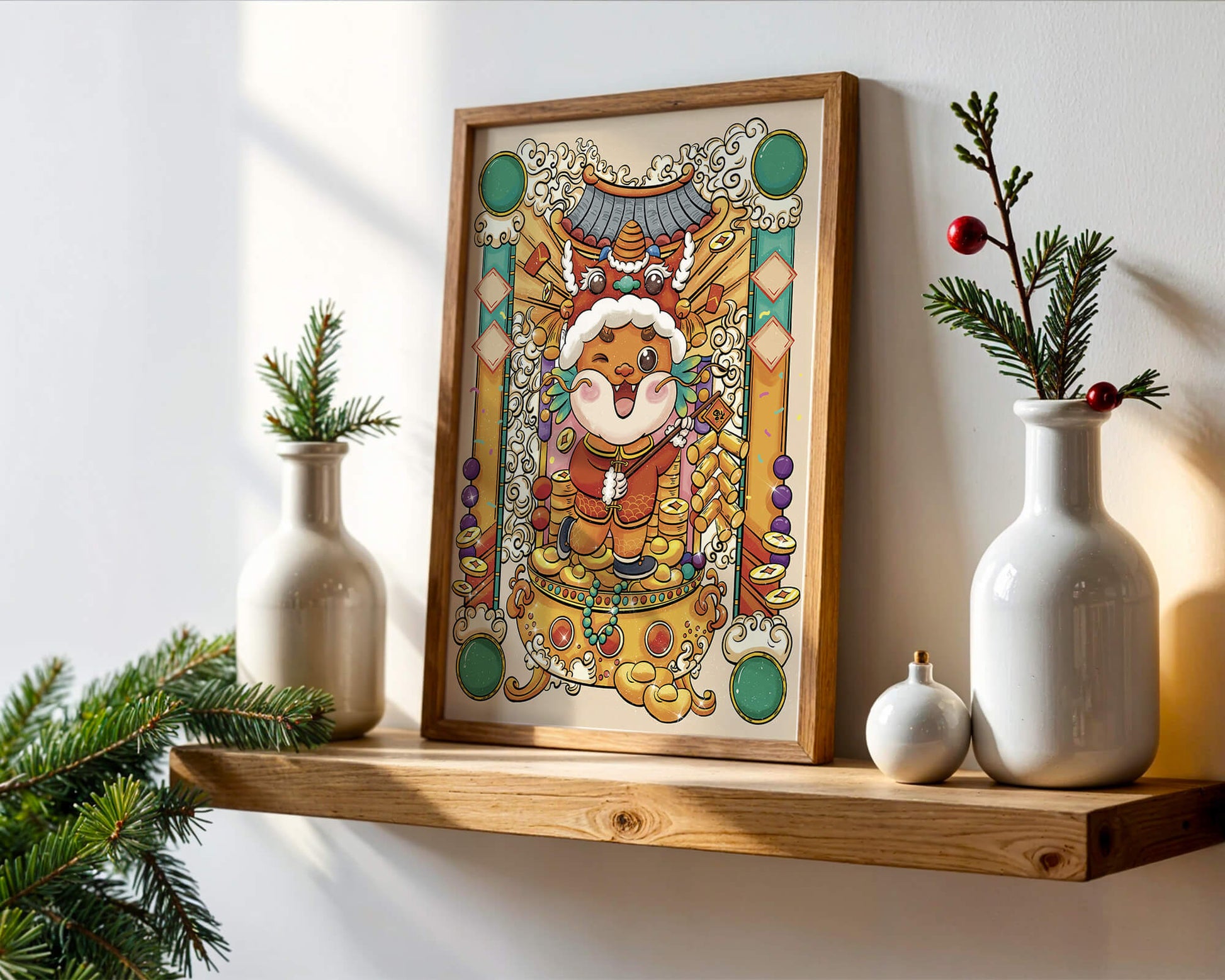 Ilustración colorida de un animal lindo en atuendo festivo tradicional con elementos dorados