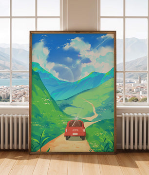 Coche rojo en una carretera pintoresca a través de colinas verdes bajo un cielo azul vibrante