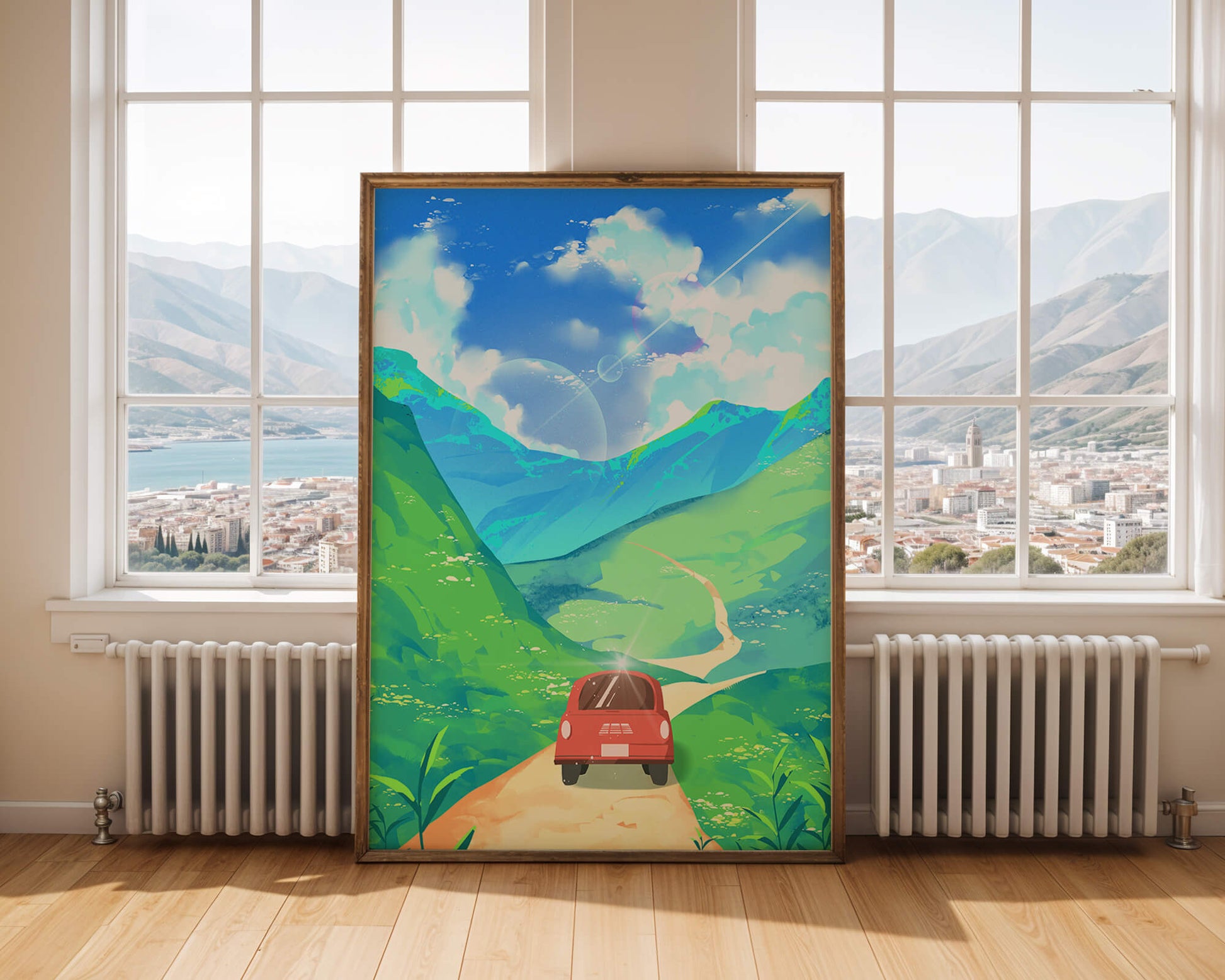 Red Car on a Scenic Road Through Green Hills Under a Vibrant Blue Sky