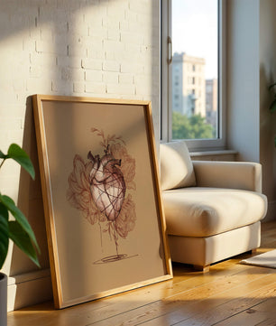 Ilustración detallada de un corazón anatómico con elementos florales sobre fondo beige
