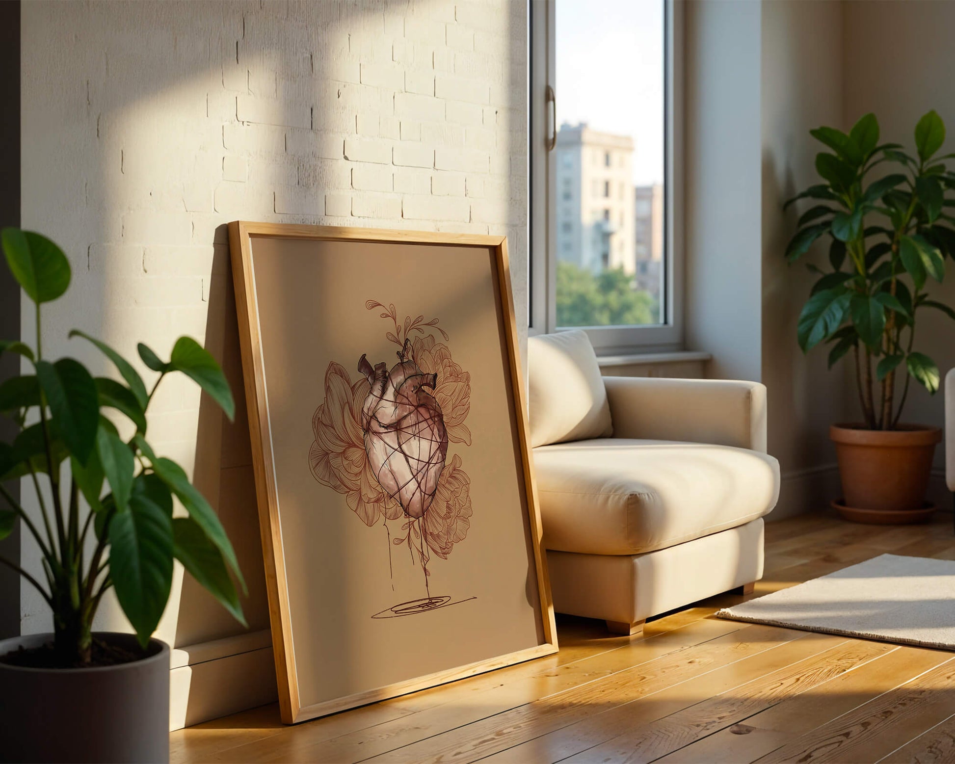 Ilustración detallada de un corazón anatómico con elementos florales sobre un fondo beige.