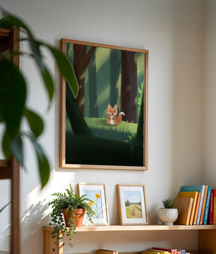 Charmante Illustration eines niedlichen Fuchses in einer ruhigen Waldlandschaft